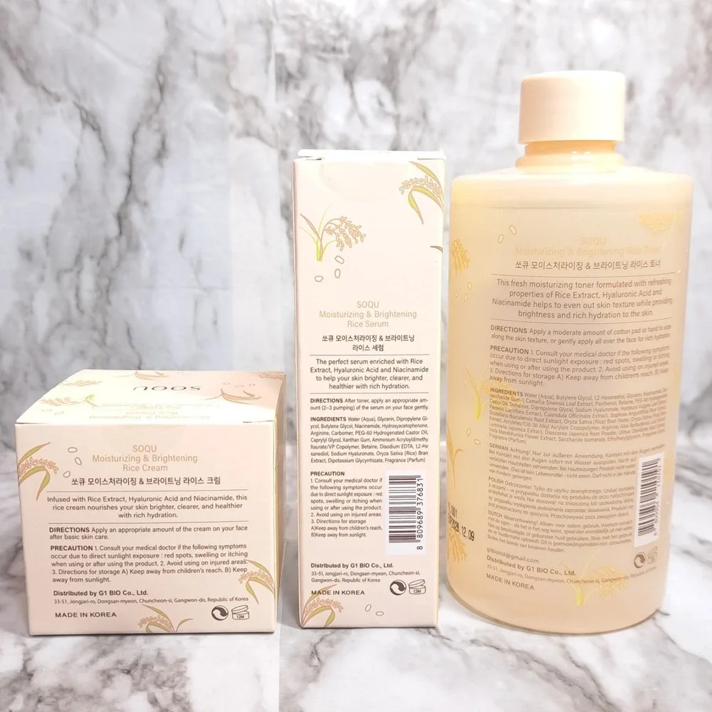 Set of 3‎ SOQU Moisturizing/Brightening RICE CREAM/SERUM /TONER